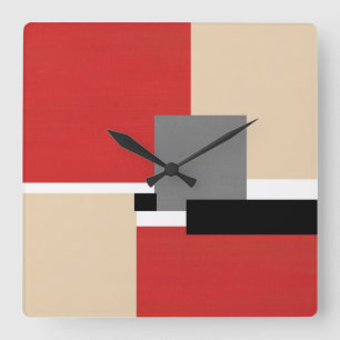 Red Beige Grey Black White Geometric Square Wall Clock