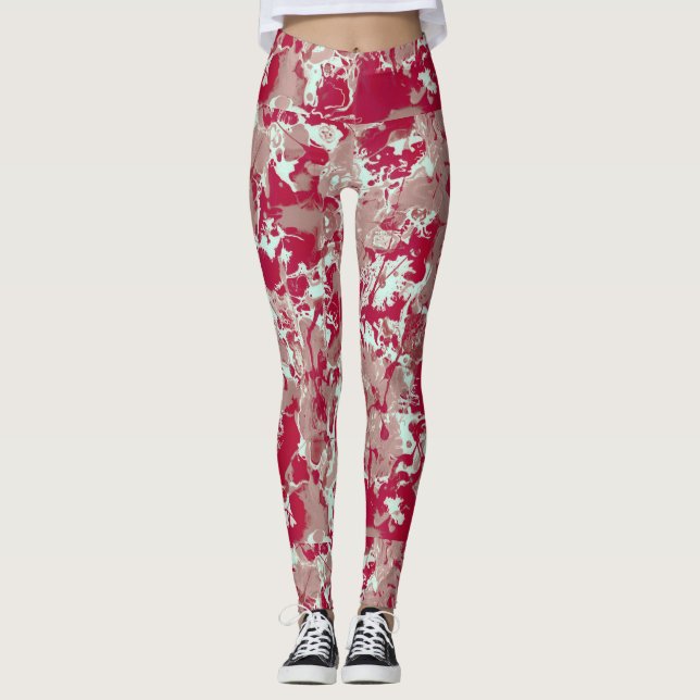 Red + Beige Marble Leggings (Front)
