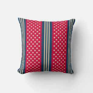 Red & Beige Polka Dots Navy Blue Stripes Pattern Throw Pillow