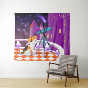Red beige puppy and telescope tapestry