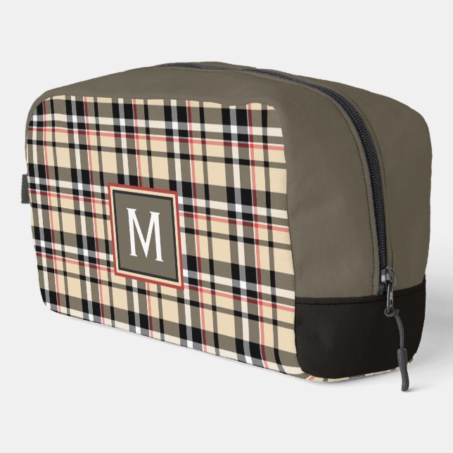 Red Beige Tan Black White Scots Clan Plaid Pattern Dopp Kit (Right Corner)