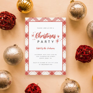 Red & Beige Tartan Plaid Script Christmas Party Invitation