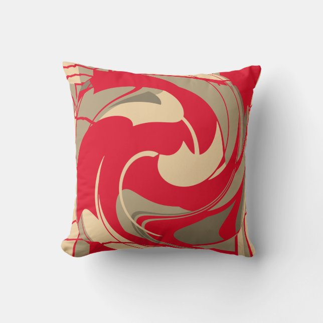 Red Beige Taupe Swirling Abstract Flower Design Throw Pillow (Front)