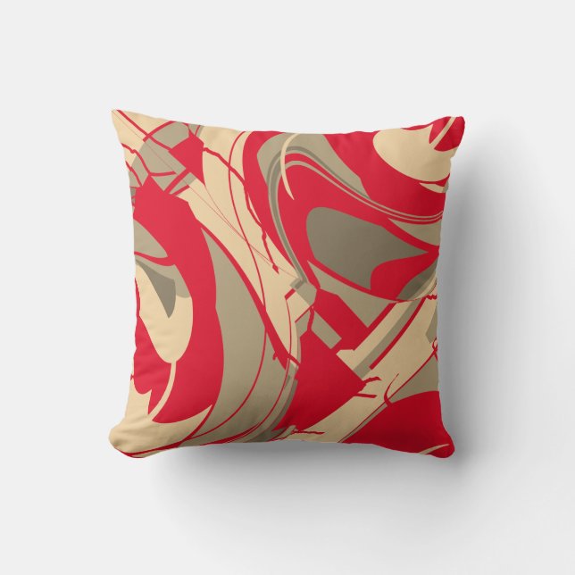 Red Beige Taupe Swirling Floral Diagonal Design Throw Pillow (Front)