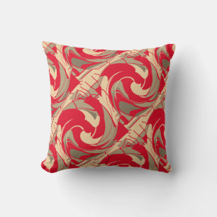 Red Beige Taupe Swirling Slanted Floral Art Design Throw Pillow
