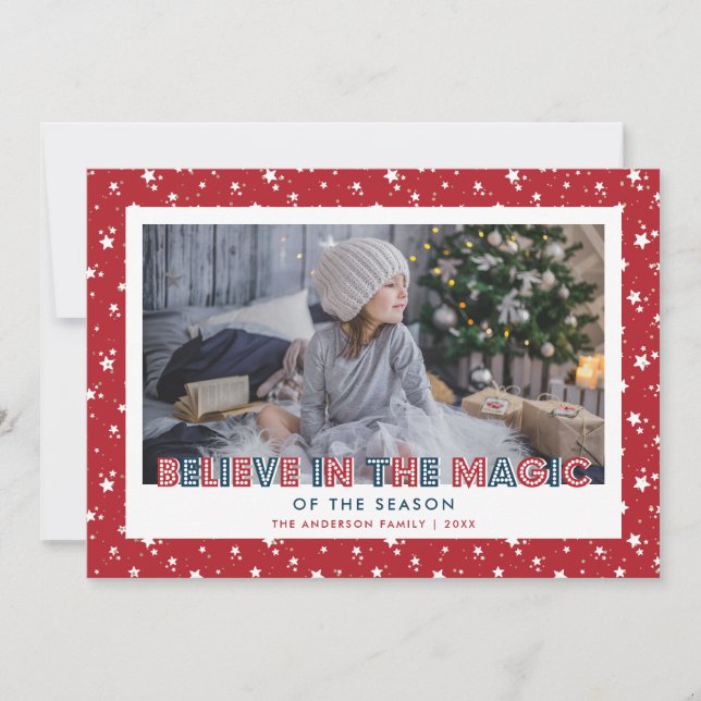 Red Believe In the Magic Stars Photo Holiday Card (Front)