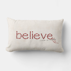 red BELIEVE text stitch with needle Lumbar Pillow