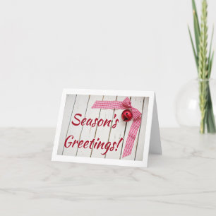 Red Bell And Red Chequered Bow On Wood Christmas Card