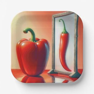 Red Bell Pepper Looking In a Mirror Paper Plate