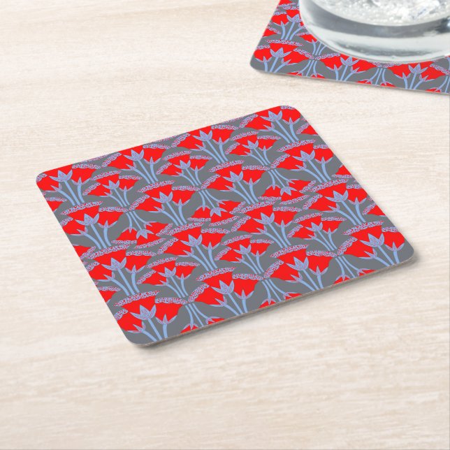 Red Bellflower Square Paper Coaster  (Angled)
