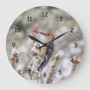 Red-bellied Woodpecker in the snow Large Clock