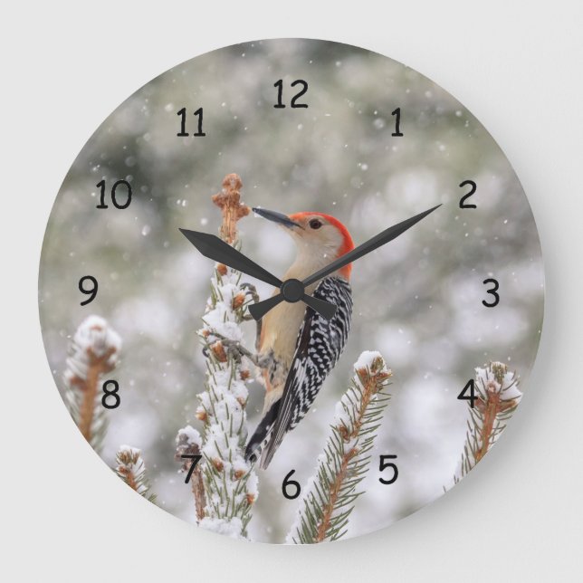 Red-bellied Woodpecker in the snow Large Clock (Front)