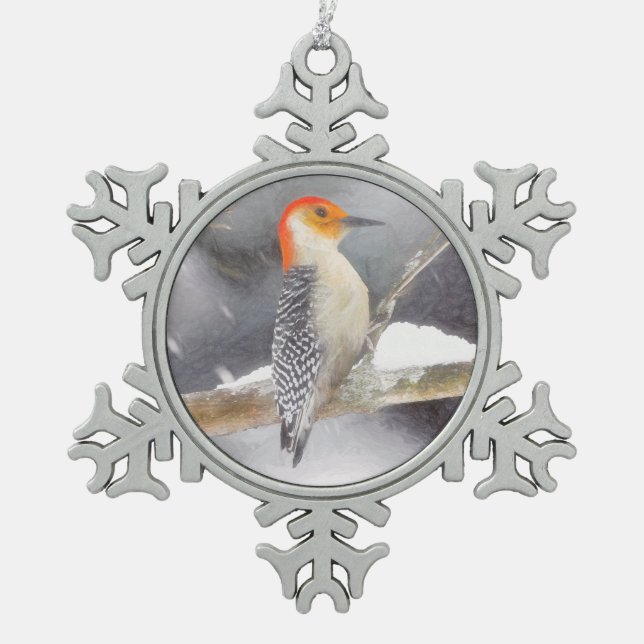 Red-Bellied Woodpecker Painting Original Bird Art Snowflake Pewter Christmas Ornament (Front)