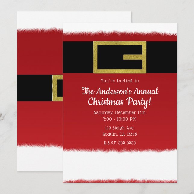 Red Belt Santa Claus Holiday Christmas Invitations (Front/Back)