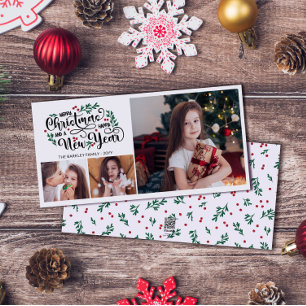 Red Berries 3 Photo Merry Christmas Happy New Year Holiday Card