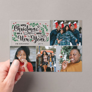 Red Berries 4 Photo Merry Christmas Happy New Year Acrylic Invitations