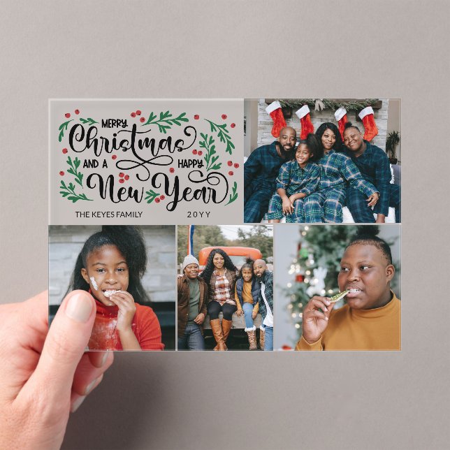 Red Berries 4 Photo Merry Christmas Happy New Year Acrylic Invitations (Insitu (Handheld))