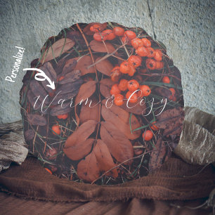 Red berries and brown autumn leaves round pillow