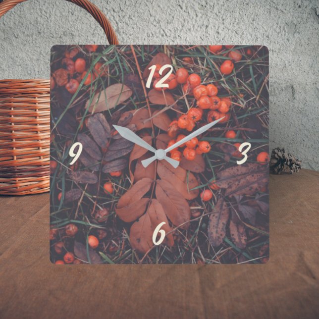 Red berries and brown autumn leaves  square wall clock (Creator Uploaded)