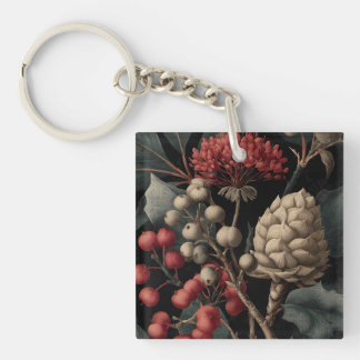 Red Berries and Exotic Seed Pods on Black Keychain