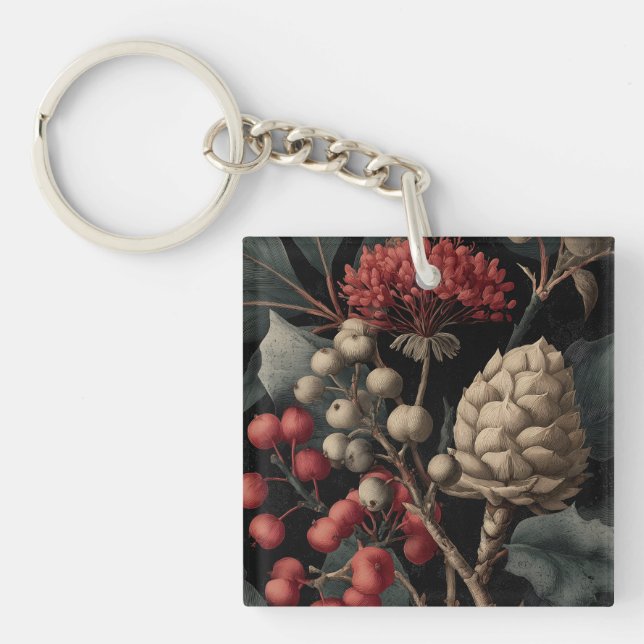 Red Berries and Exotic Seed Pods on Black Keychain (Front)