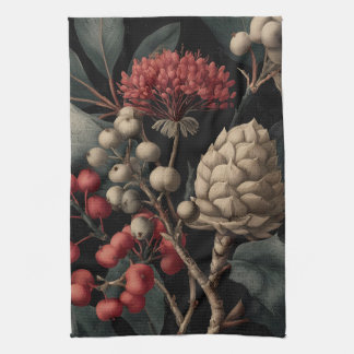 Red Berries and Exotic Seed Pods on Black Kitchen Towel
