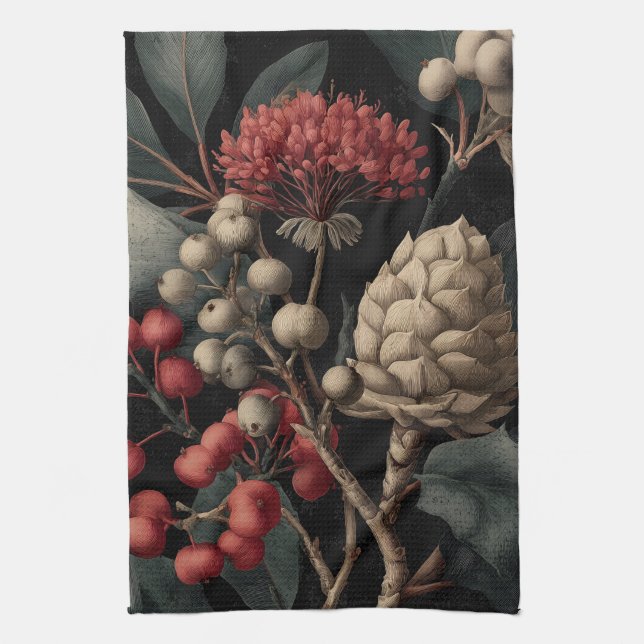 Red Berries and Exotic Seed Pods on Black Kitchen Towel (Vertical)