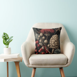 Red Berries and Exotic Seed Pods on Black Throw Pillow