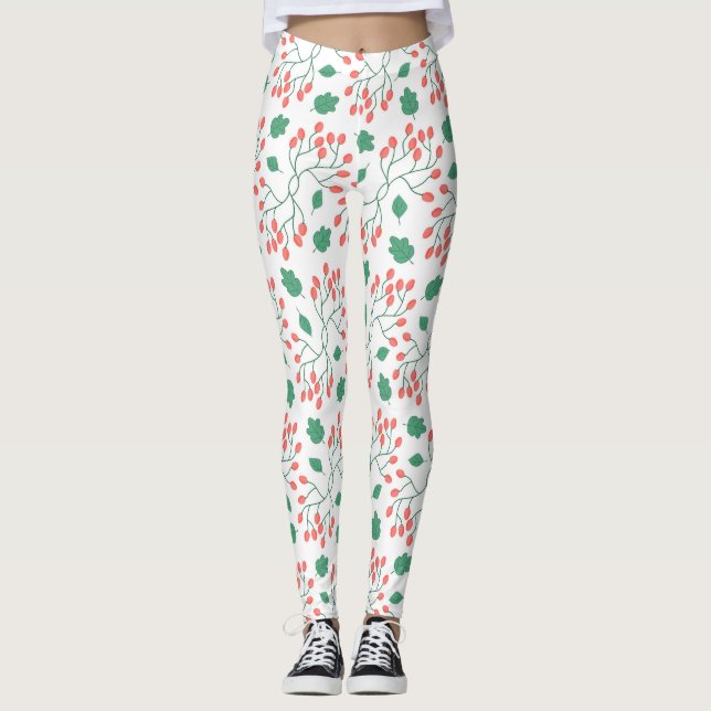 Red berries and green leaves pattern leggings (Front)