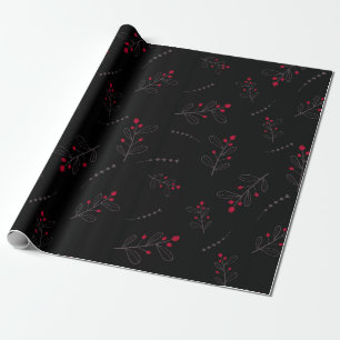 Red Berries and Leaves Christmas Black Wrapping Paper