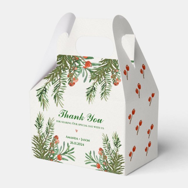 Red Berries And Leaves Festive Christmas Wedding Favor Box (Front Side)
