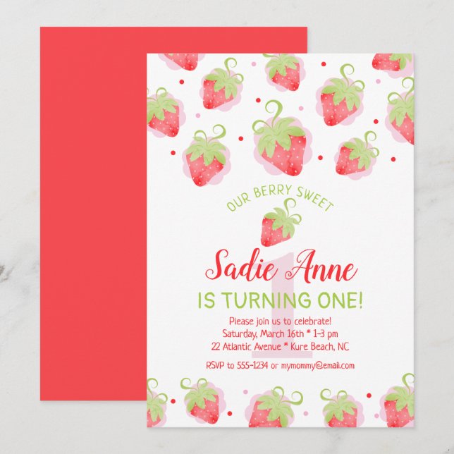 Red Berries Berry Sweet Strawberry Birthday Invitation (Front/Back)