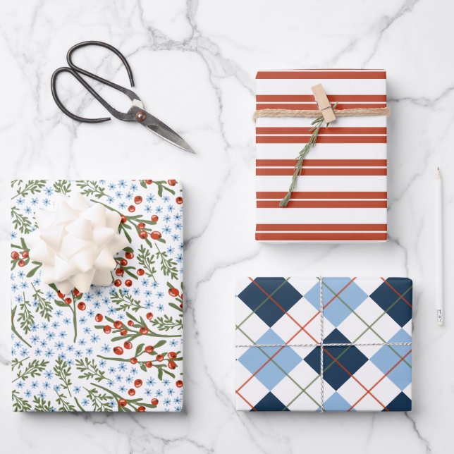 Red Berries Blue Flowers Plaid Stripes Christmas Wrapping Paper Sheet (Front)
