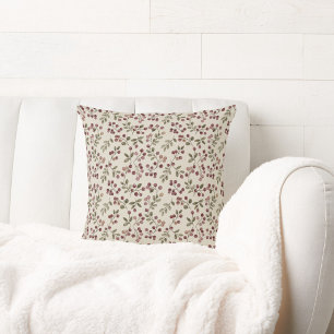 Red Berries Botanical Green Vines Leaves Pattern Throw Pillow