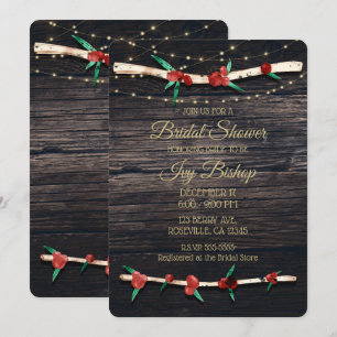 Red Berries Branches & Lights Rustic Bridal Shower Invitation