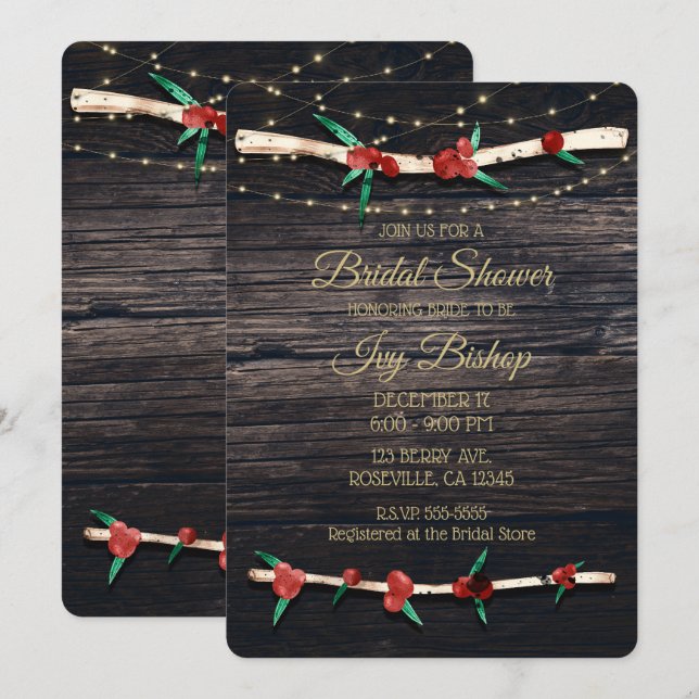 Red Berries Branches & Lights Rustic Bridal Shower Invitation (Front/Back)