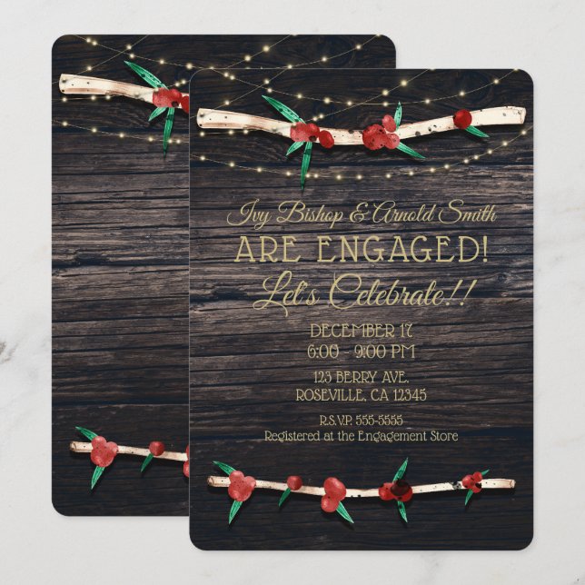 Red Berries Branches & Lights Rustic Engagement Invitation (Front/Back)