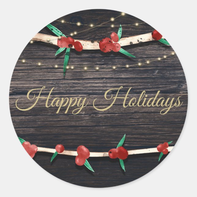Red Berries Branches & Lights Rustic Holiday Party Classic Round Sticker (Front)