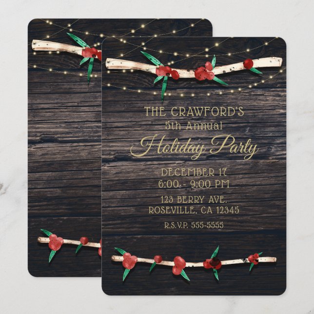 Red Berries Branches & Lights Rustic Holiday Party Invitation (Front/Back)