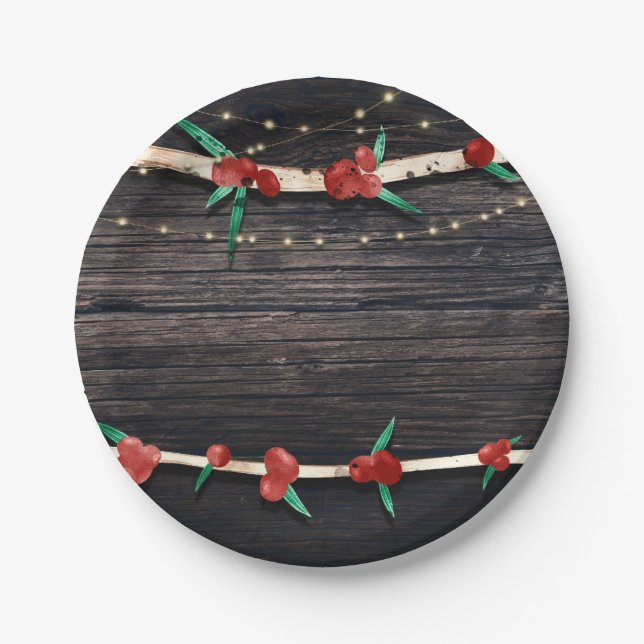 Red Berries Branches & Lights Rustic Holiday Party Paper Plate (Front)