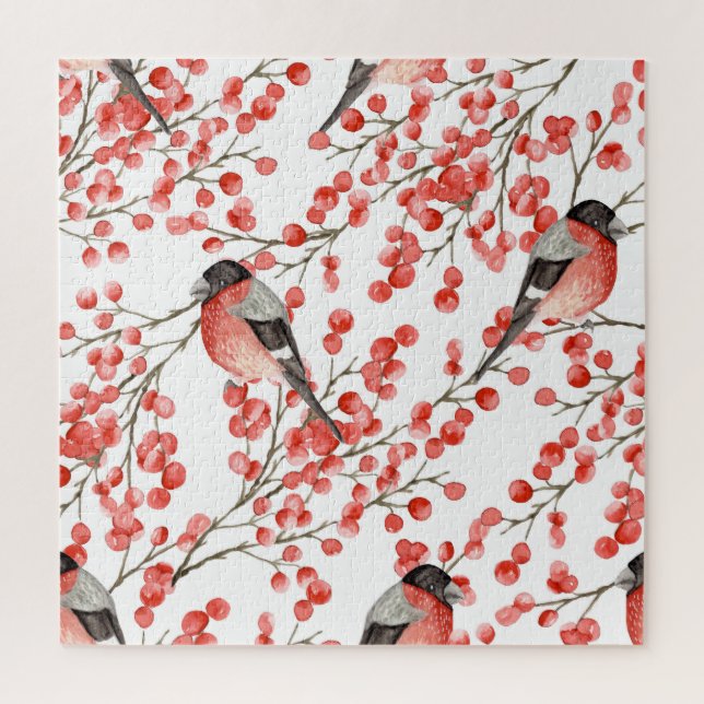 Red Berries Bullfinches Watercolor Pattern Jigsaw Puzzle (Vertical)