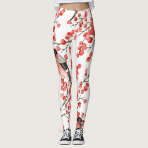Red Berries Bullfinches Watercolor Pattern Leggings