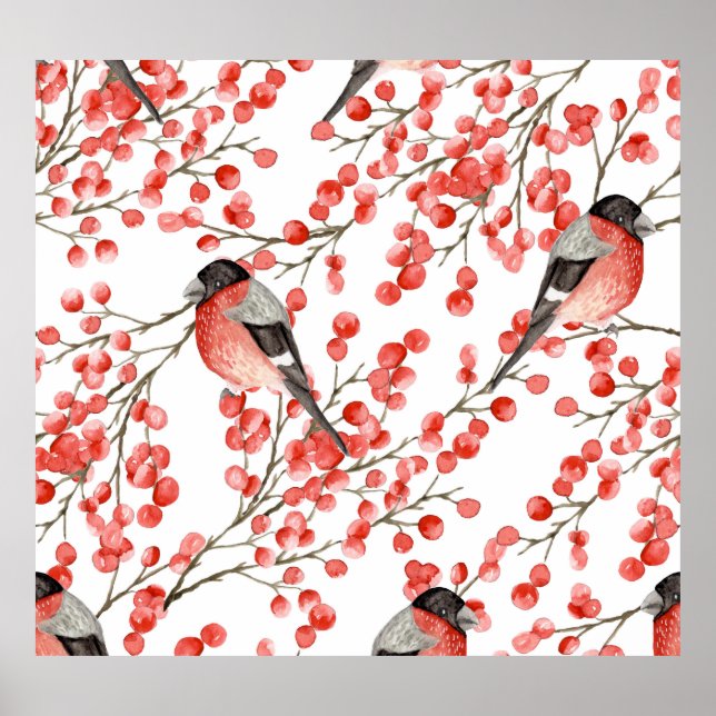 Red Berries Bullfinches Watercolor Pattern Poster (Front)