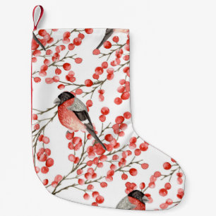 Red Berries Bullfinches Watercolor Pattern Small Christmas Stocking