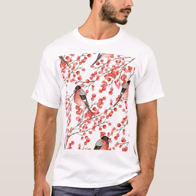 Red Berries Bullfinches Watercolor Pattern T-Shirt (Front)