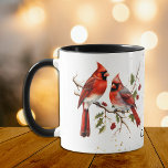 Red Berries Cardinal Birds Mug<br><div class="desc">This pretty personalized mug features a beautiful watercolor image of two red winter cardinals. The birds are perched on twigs with green leaves and red berries. The image is printed twice on the mug, with your name or other text between them. There's a smattering of tiny gold confetti to add...</div>