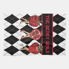 Red Berries Cartoon Ladies On Black & White Plaid Kitchen Towel