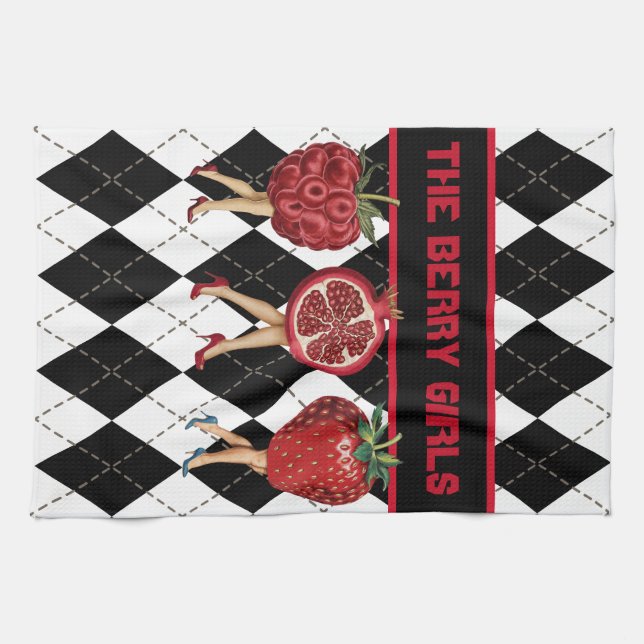 Red Berries Cartoon Ladies On Black & White Plaid Kitchen Towel (Horizontal)