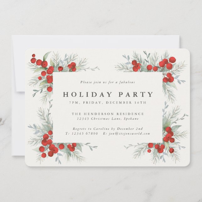 Red Berries + Christmas Botanicals Holiday Party Invitation (Front)