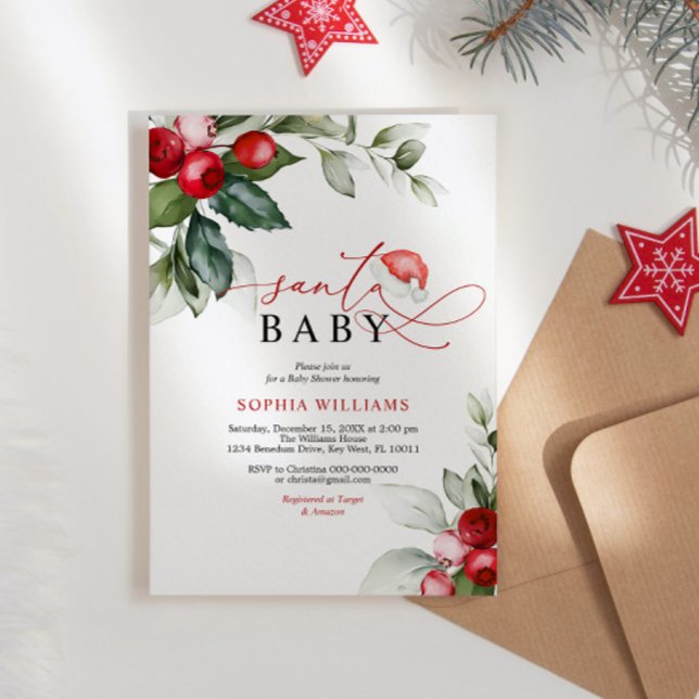 Red Berries Christmas Santa Baby Shower Invitation (Creator Uploaded)
